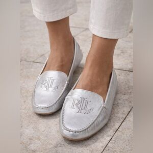 Ralph Lauren Silver Perforated RL Leather Driving Loafers - Women